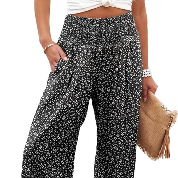 High Waist Wide Leg Black &  White Palazzo Pants with Pockets - Picture 1 of 8